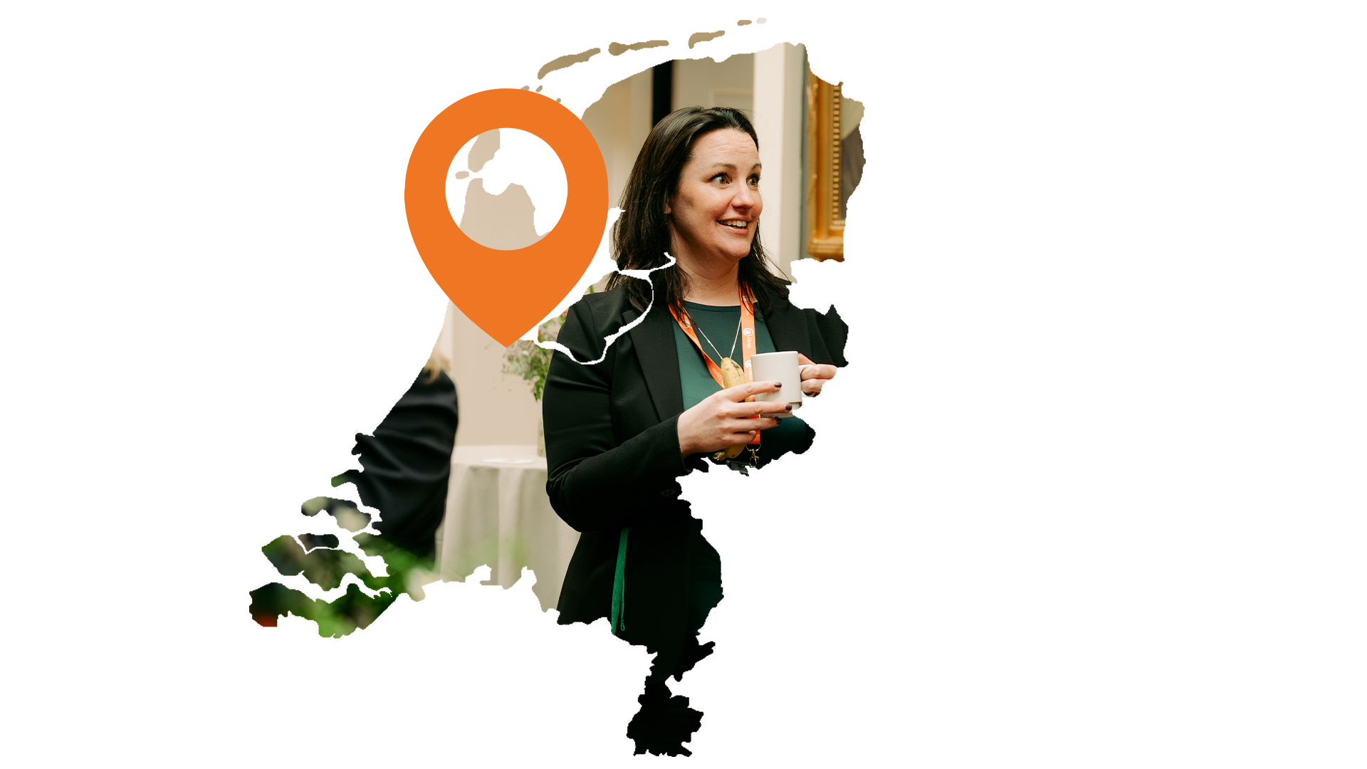 An iVentiv event participant framed in a map of the Netherlands, with a pin on Amsterdam