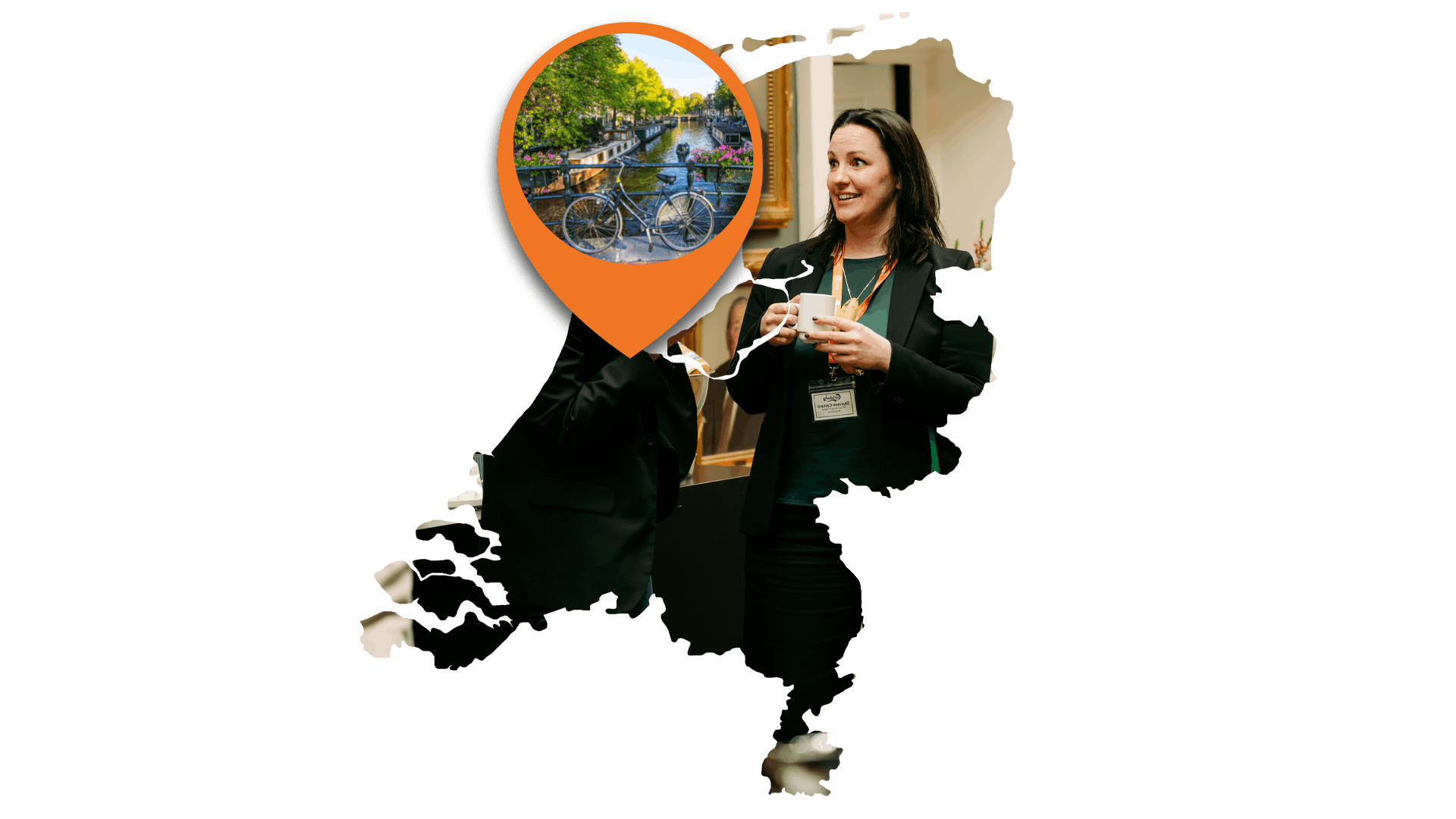 A map of The Netherlands containing an image of iVentiv host Shannon Custard. An orange location pin hovers over Amsterdam