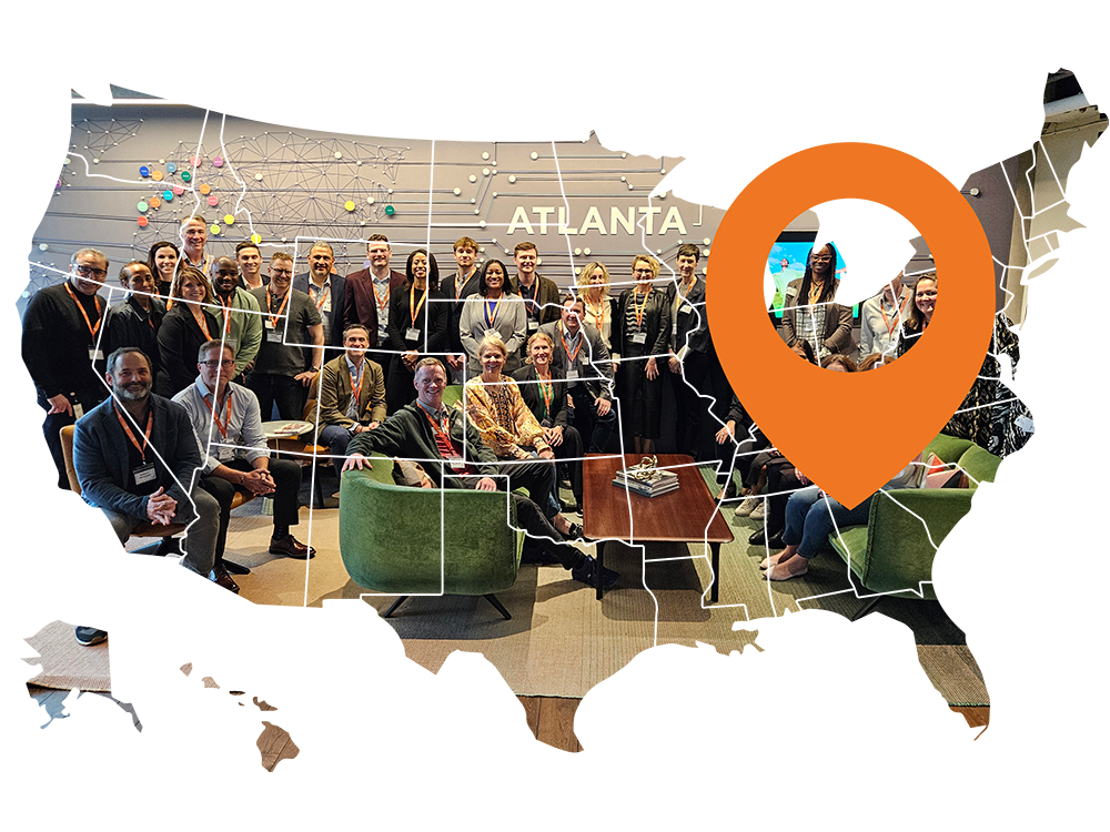 A map of the US as a frame for a photo of iVentiv participants, with an orange pin pointed to Atlanta