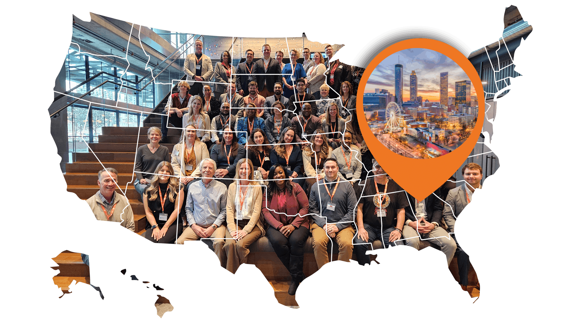 A map of the US as a frame for a photo of iVentiv participants, with an orange pin pointed to Atlanta