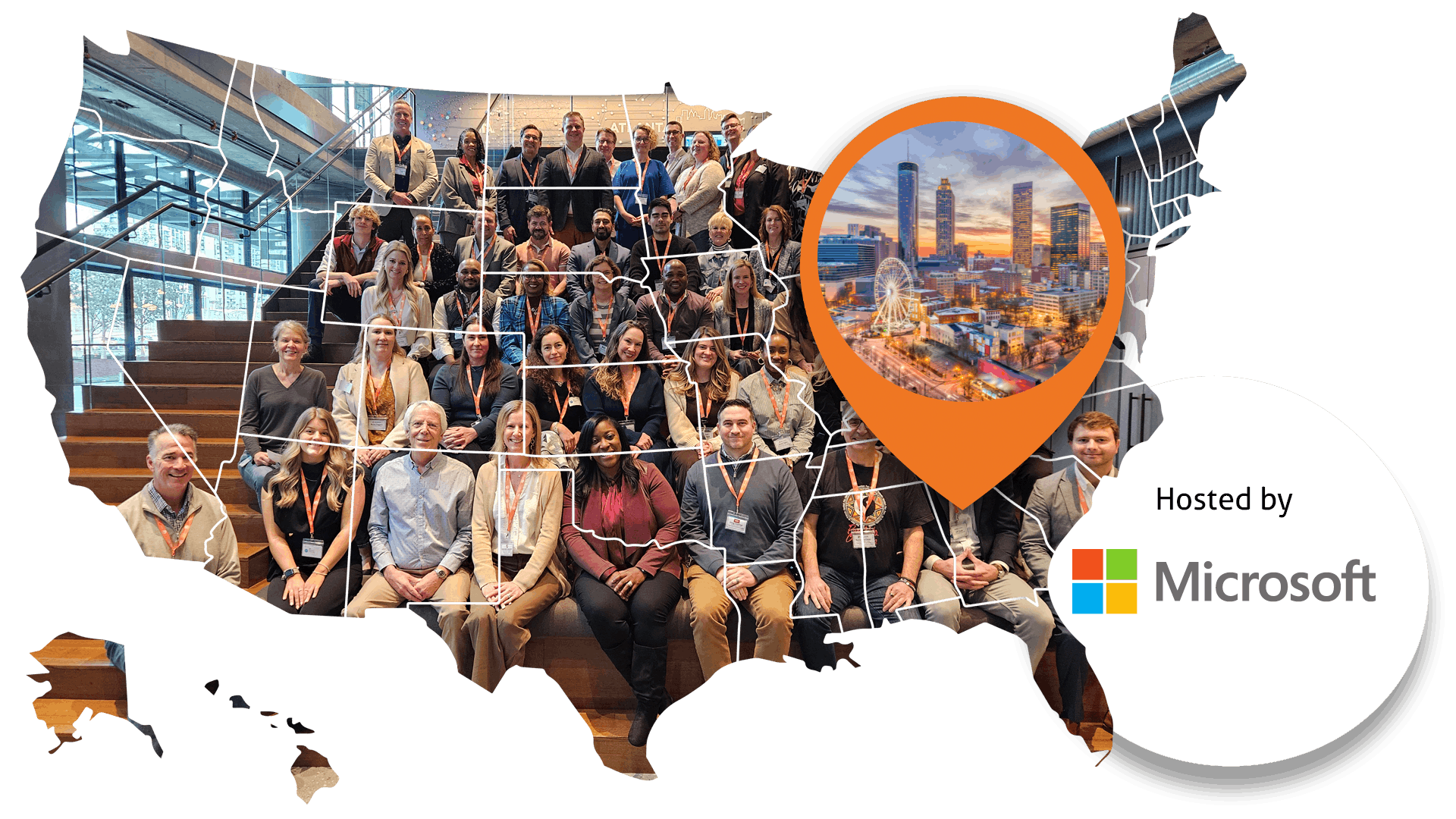 A map of the US as a frame for a photo of iVentiv participants, with an orange pin pointed to Atlanta and a bubble containing the Microsoft logo