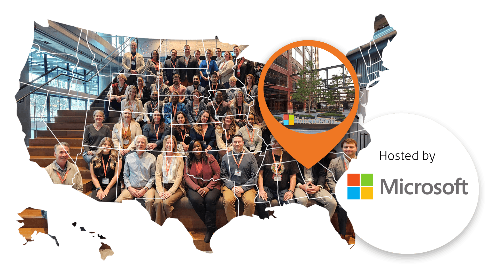 A map of the US as a frame for a photo of iVentiv participants, with an orange pin pointed to Atlanta and a bubble containing the Microsoft logo