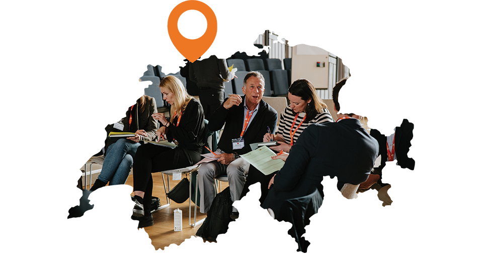 iVentiv event participants framed in a map of Switzerland, with a pin pointing to Basel
