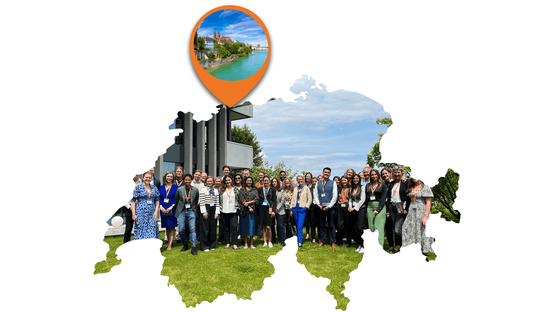 An image of Switzerland containing a group photo of iVentiv delegates. An orange location pin hovers over Basel