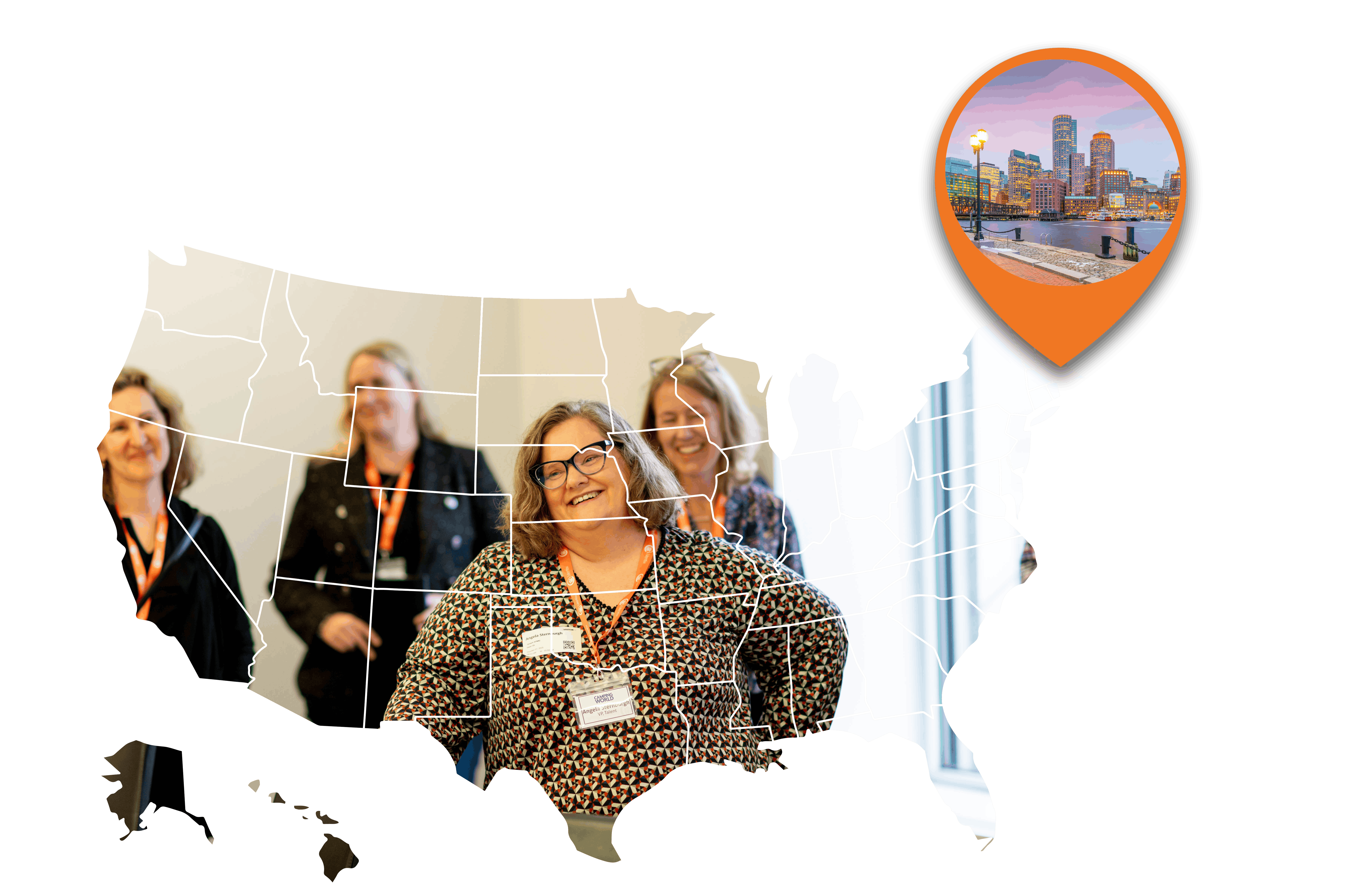 A map of the USA containing an image of delegates smiling and enjoying conversation.
