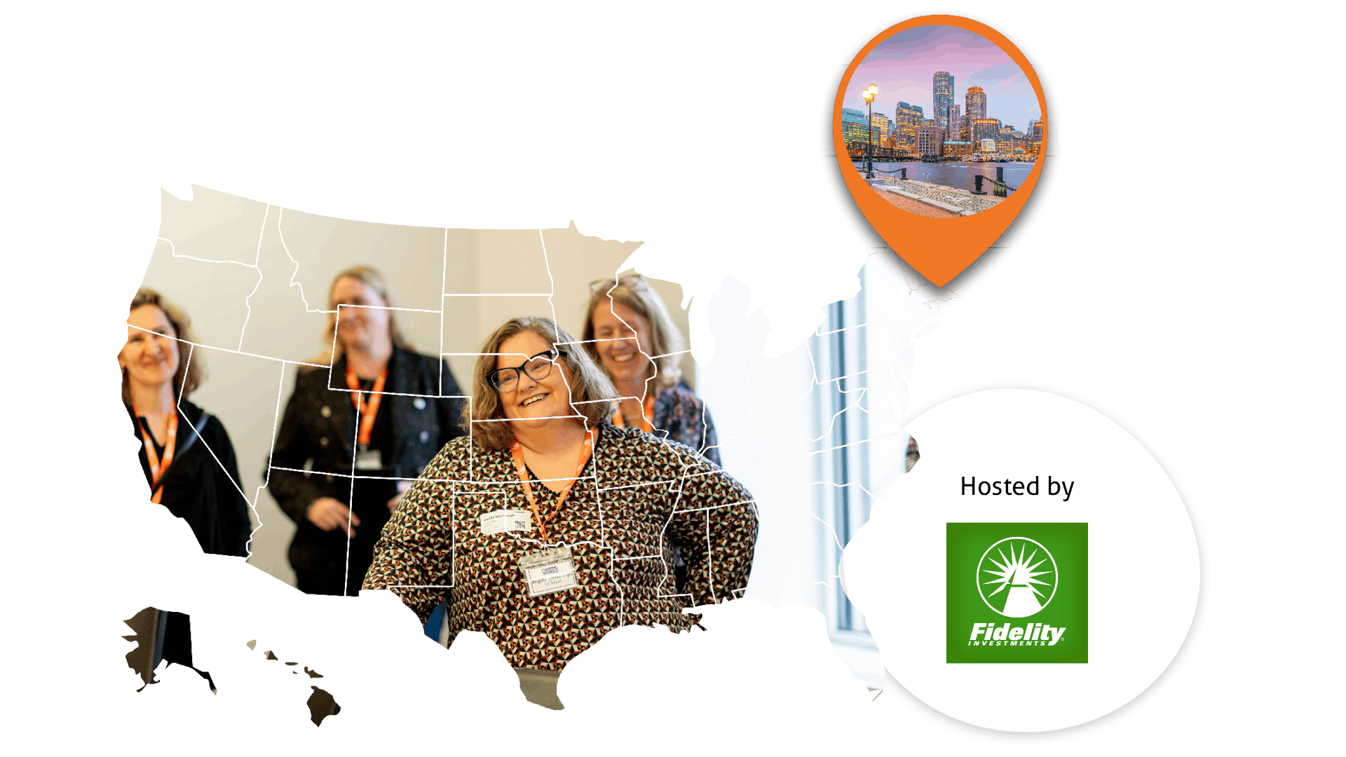 A map of the USA containing an image of delegates smiling and enjoying conversation. A location pin contains an image of Boston harbour and the Fidelity Investments logo also features.