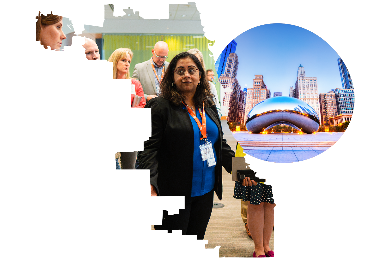 iVentiv event attendees in conversation framed by a map of Illinois alongside a photo of the Chicago skyline