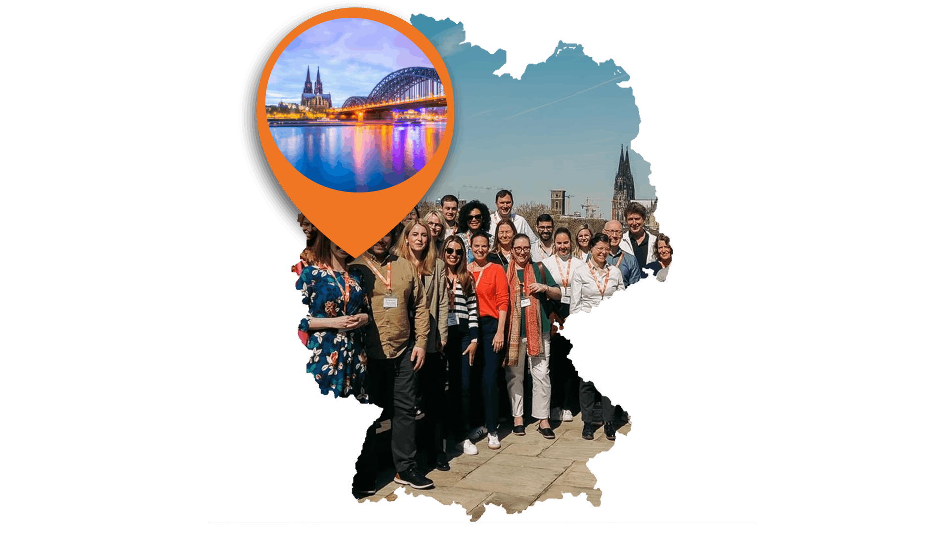 A map of Germany containing an iVentiv group photo from the Microsoft offices in Cologne. An orange location pin hovers on Cologne