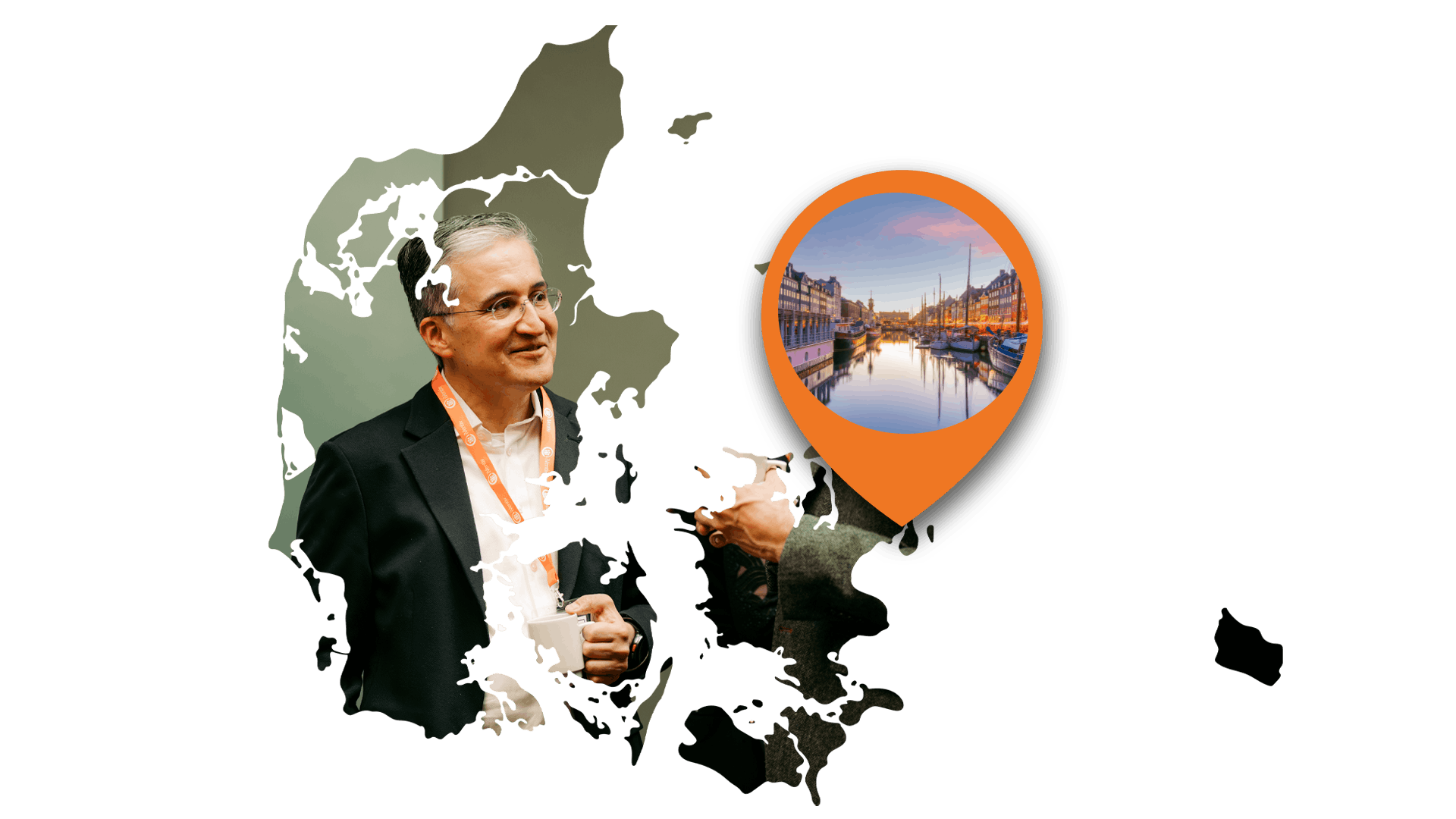 A map of Denmark containing and image of iVentiv delegate Ashish Lall at the Carlsberg Business Centre. An orange location pin hovers over Copenhagen