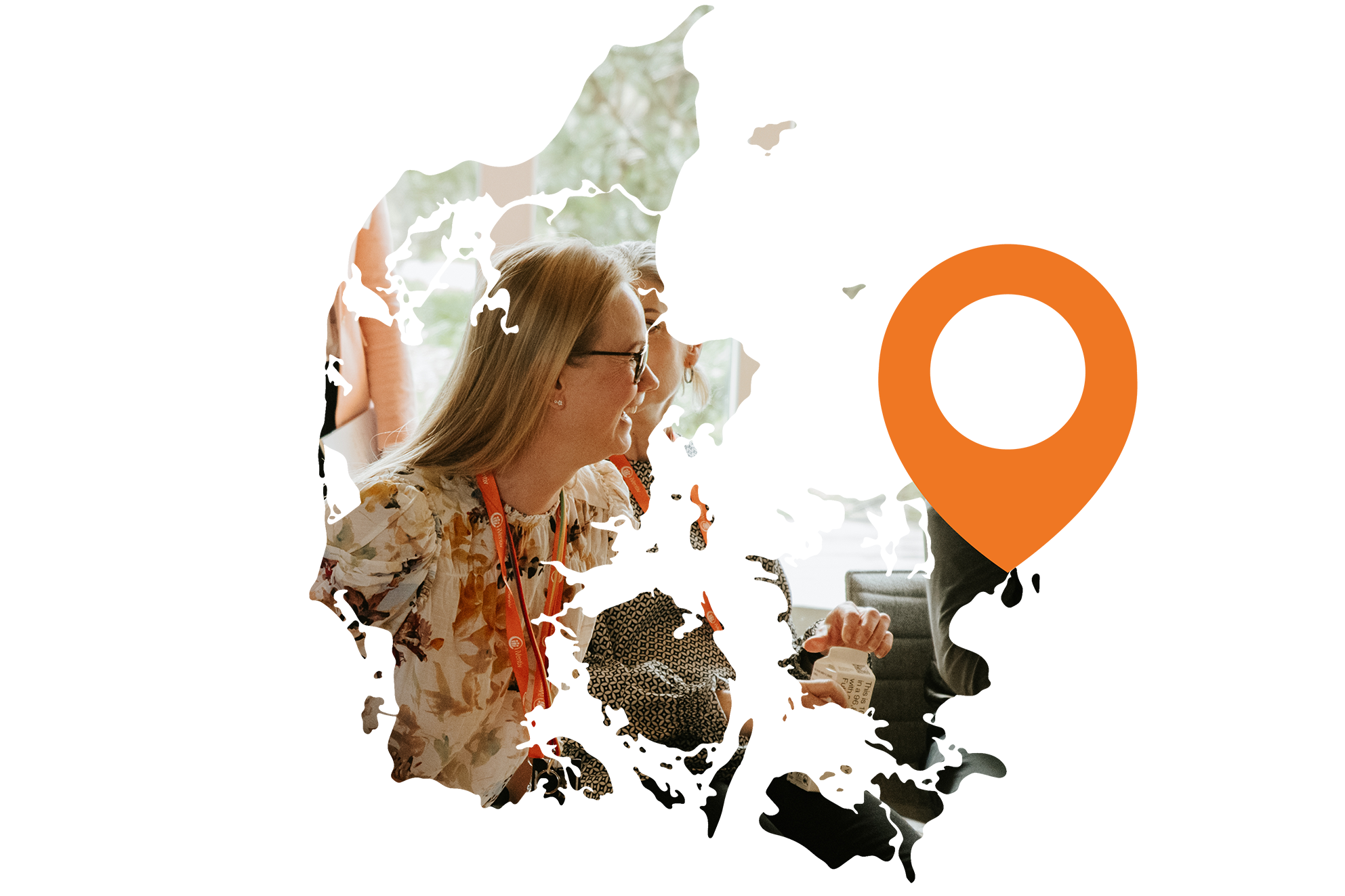 iVentiv event participants smiling, framed by a map of Denmark with an orange pin on Copenhagen