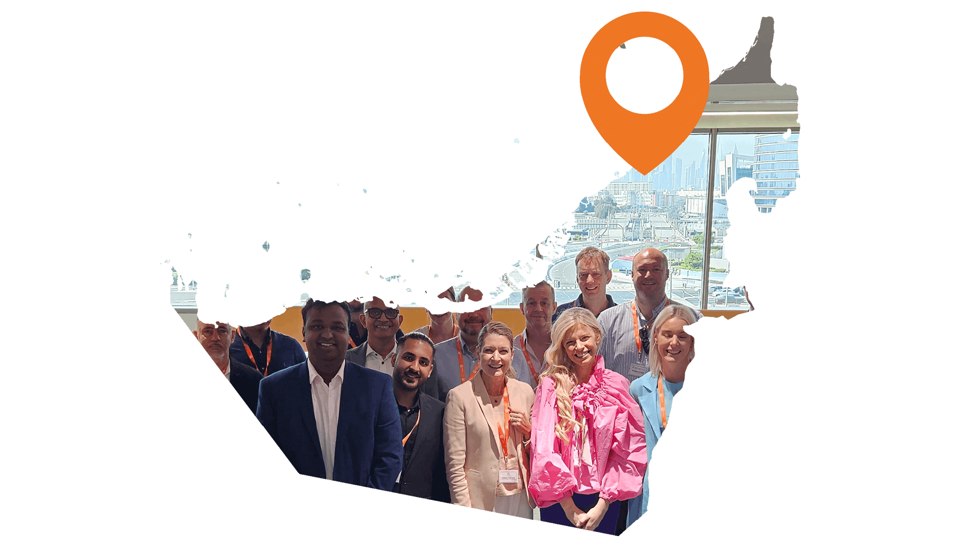 An image of iVentiv event attendees, framed by a map of the UAE with a pin pointed to Dubai