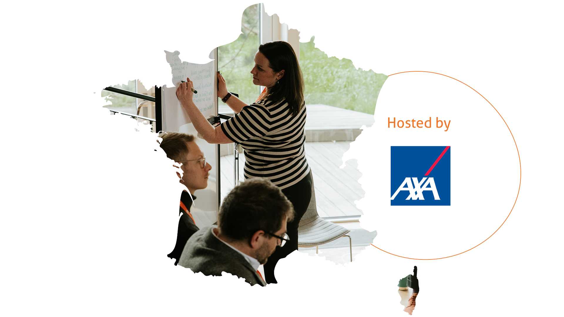 A map of France containing a delegate at an iVentiv event writing in a group breakout session. The Host logo AXA also features.