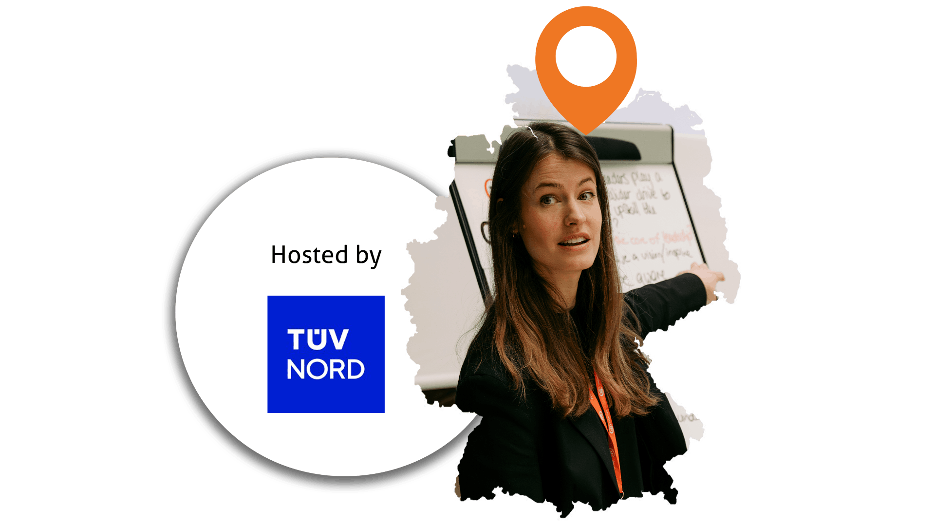 Delegates in conversation at an iVentiv event beside a bubble containing the TÜV NORD logo