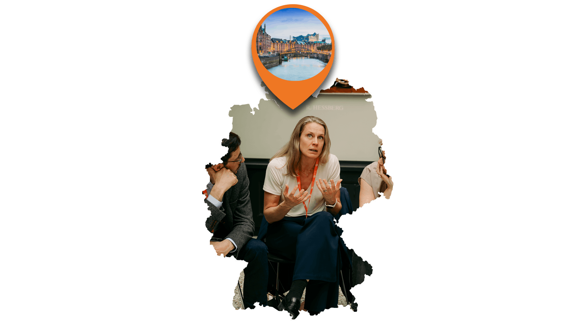 An image of Germany containing iVentiv delegates in conversation. An orange location pin hovers over Hamburg