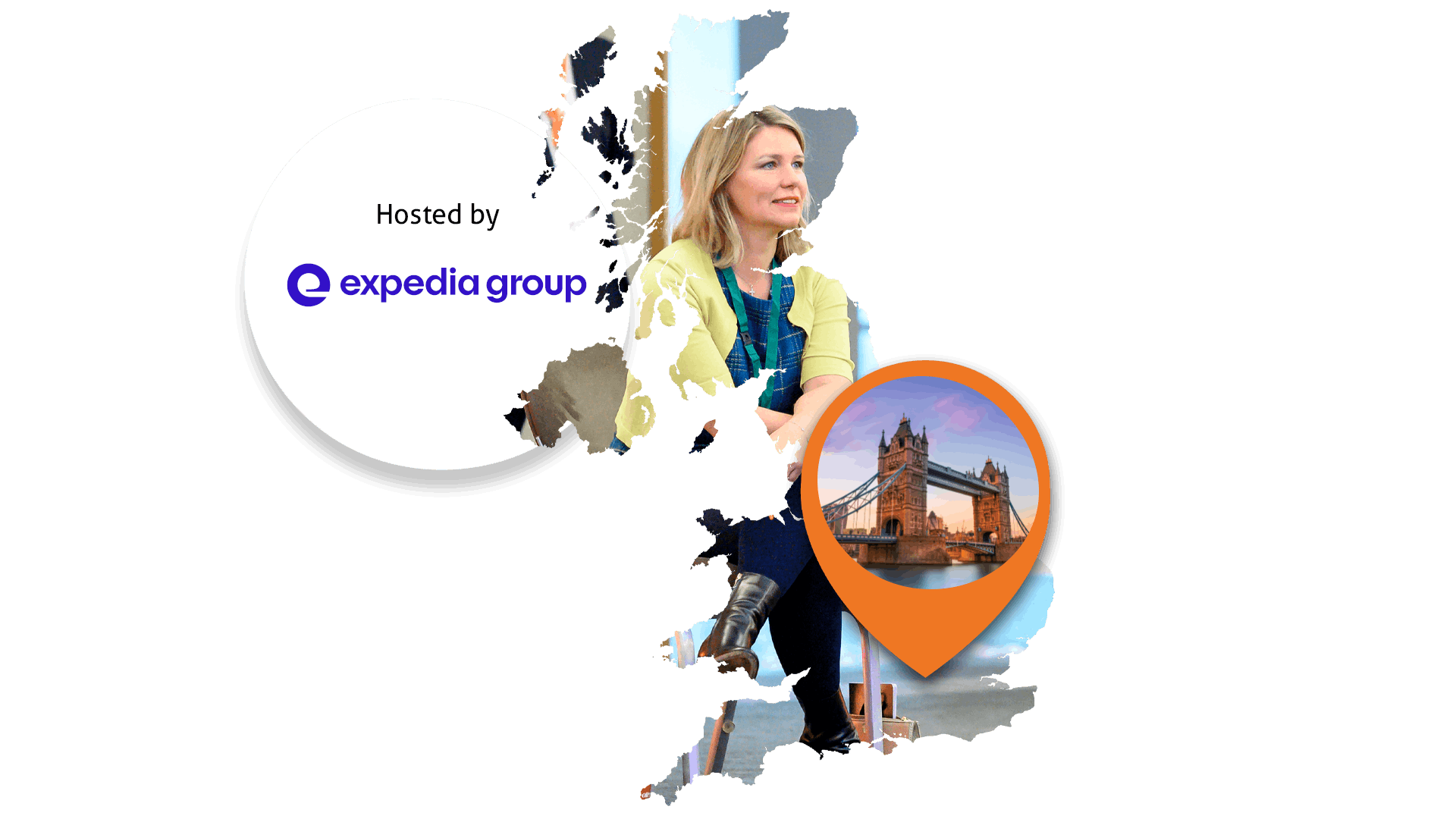 A map of the UK containing an image of event attendee Kate Evans, with an orange location pin over London. The Expedia Group logo also features inside a bubble