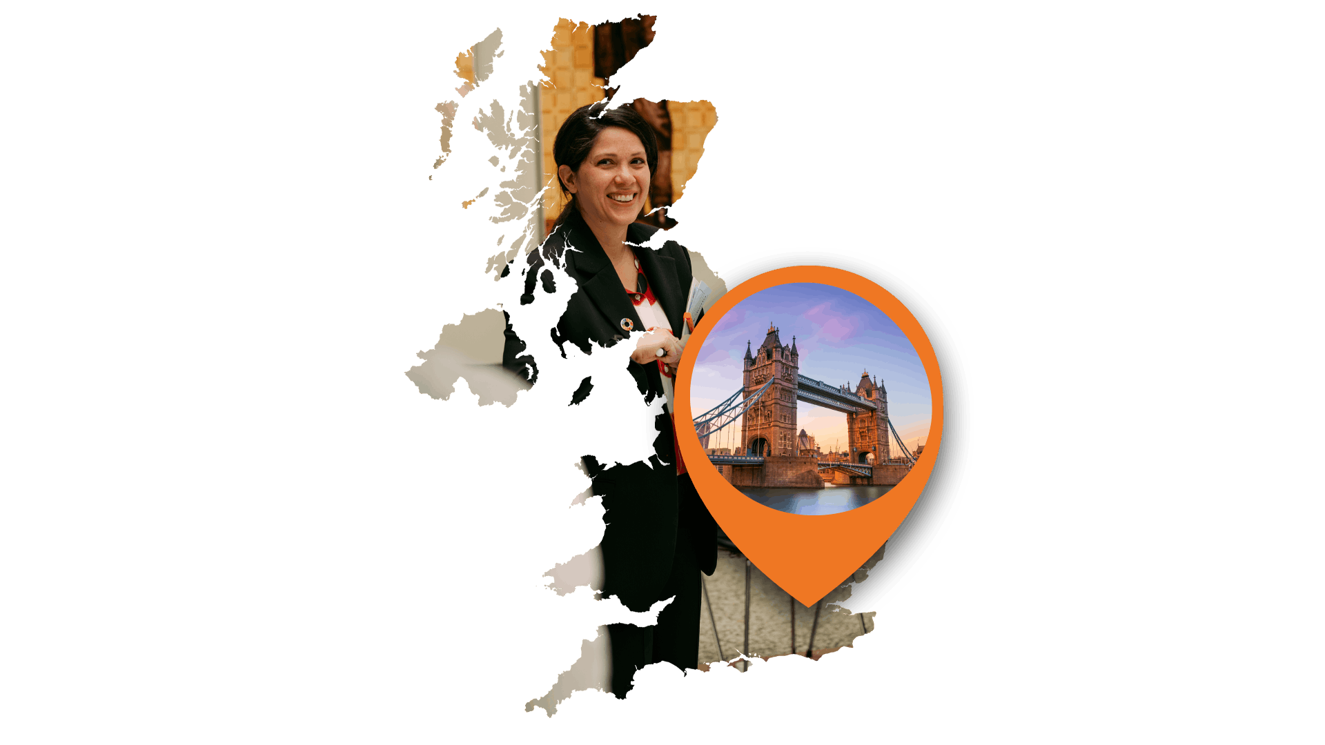 An image of the UK containing delegates smiling in conversation. An orange location pin hovers over London