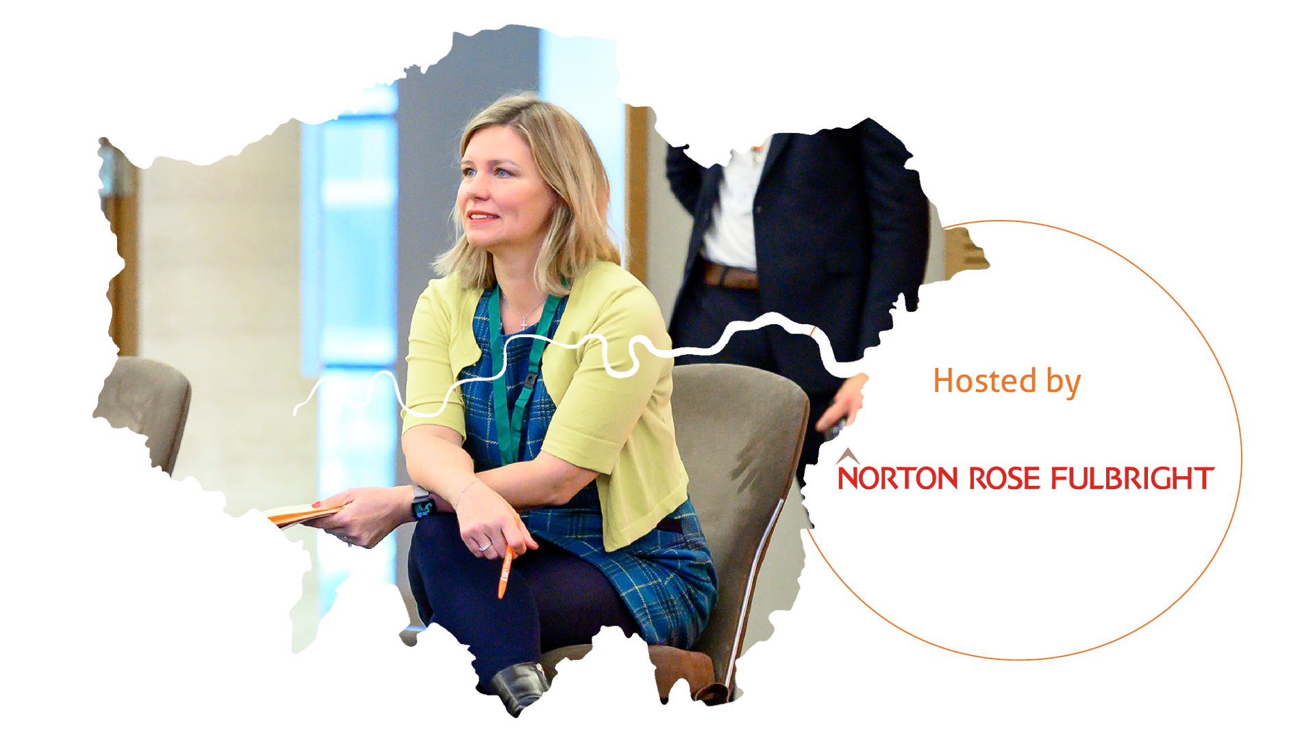 A map of London featuring Kate Evans, Event Host. The Norton Rose Fulbright logo also features.