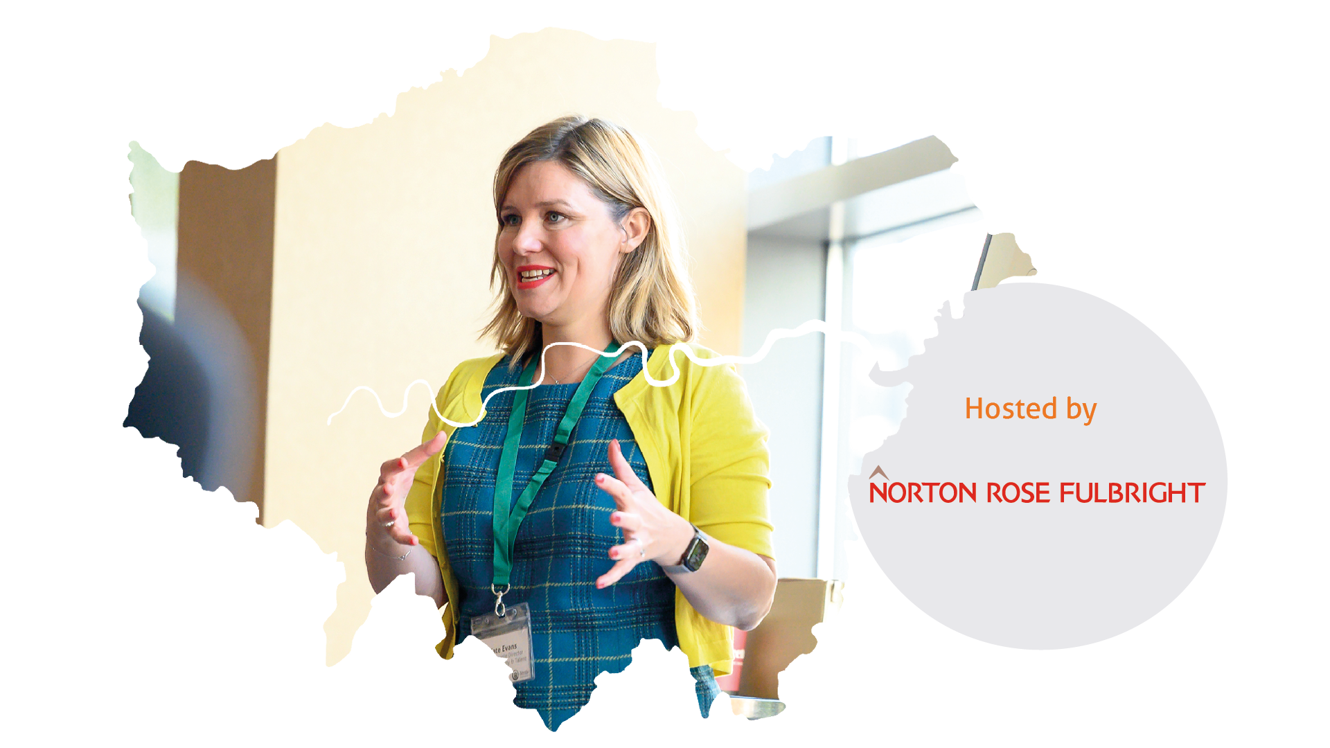 Kate Evans framed by a map of London next to the Norton Rose Fullbright logo