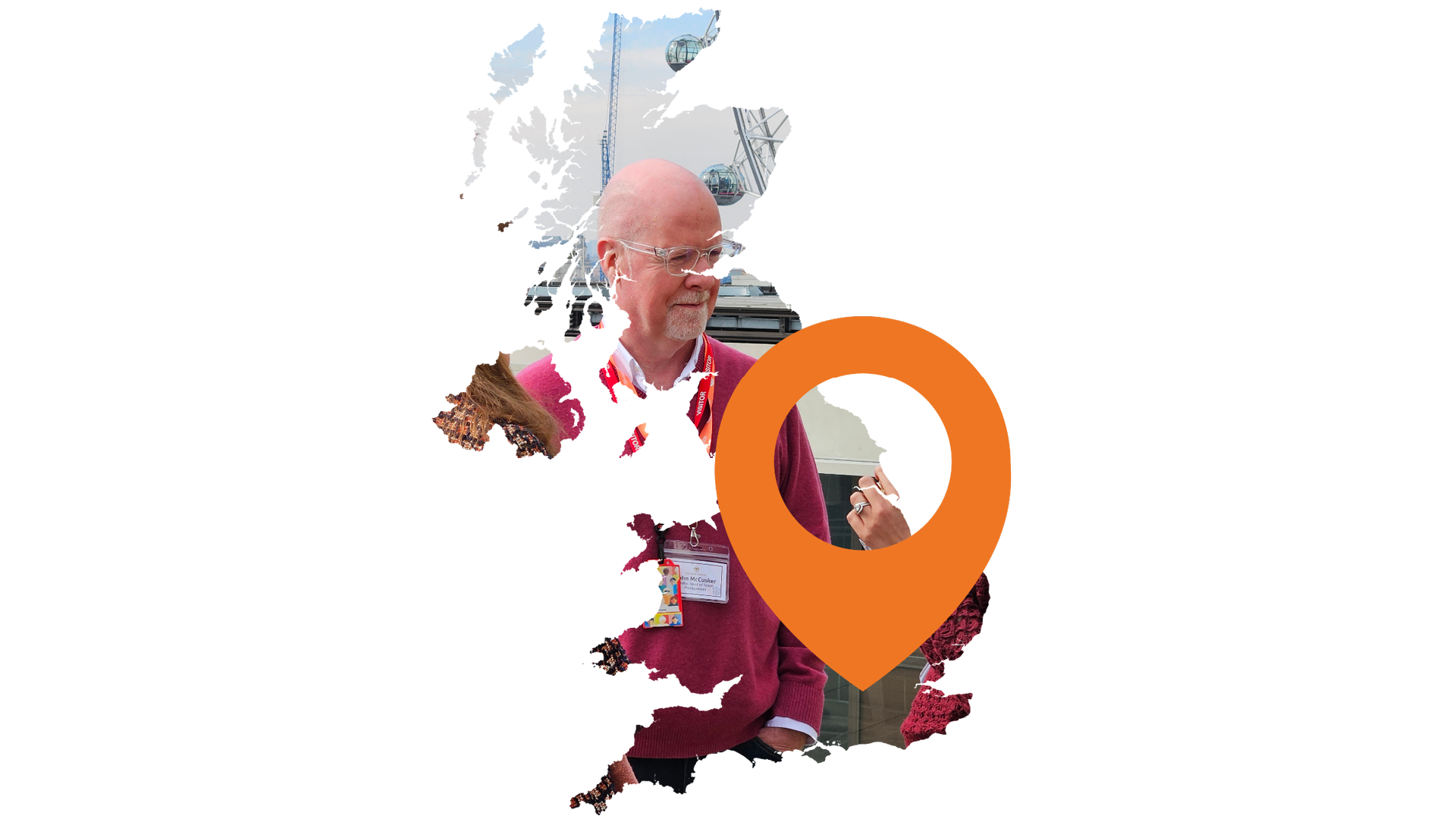 iVentiv participants framed in a map of the UK, with a pin pointing to London