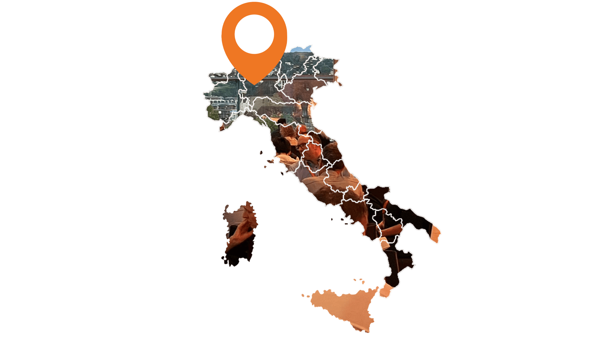 A map of Italy containing images of delegates at dinner