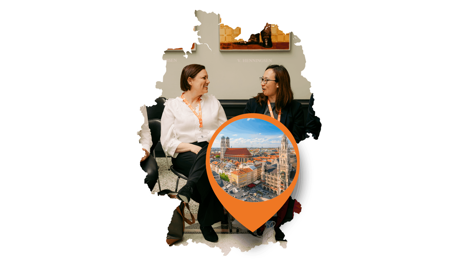 A map of Germany that contains an image of delegates enjoying conversation