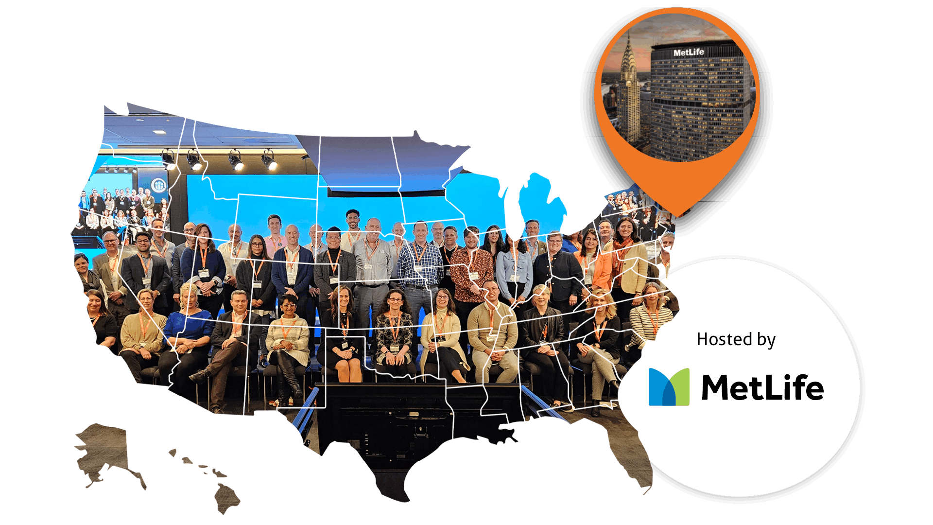 A map of the US containing a group picture from iVentiv's Learning Futures NYC event at MetLife, with an orange location pin on New York containing a picture of the MetLife HQ