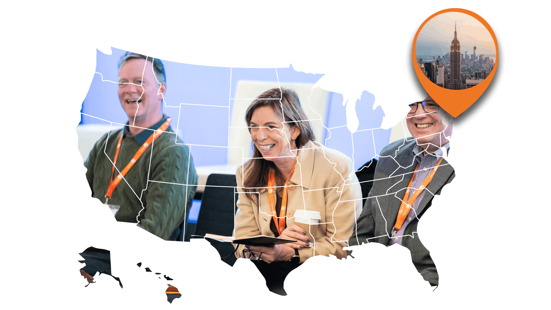 An image of the US containing delegates enjoying conversation at an iVentiv event in New York. An orange location pin hovers over New York