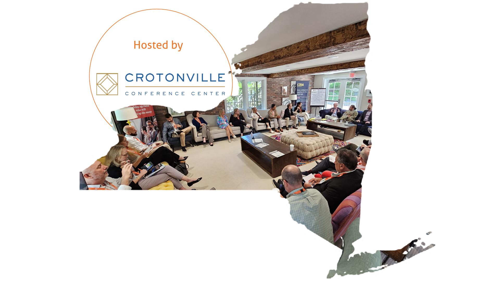 An image of New York state with delegates gathered at the Crotonville Conference Centre contained within. The Crotonville Host logo also features