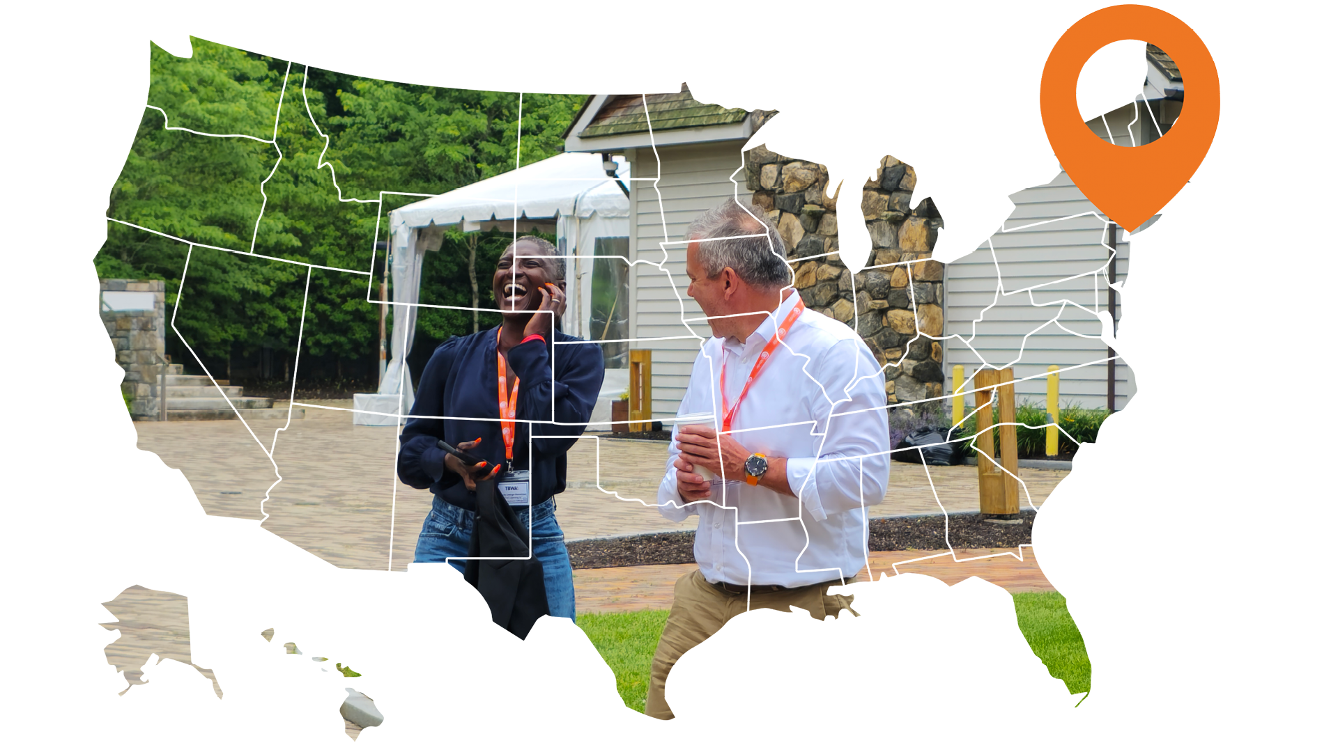 Two participants at an iVentiv event in New York, framed by a map of the United States, with an orange pin showing New York on the map
