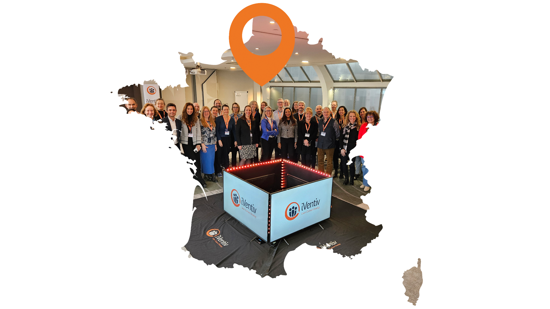 iVentiv event participants, framed in a map of France, with a pin pointing to Paris