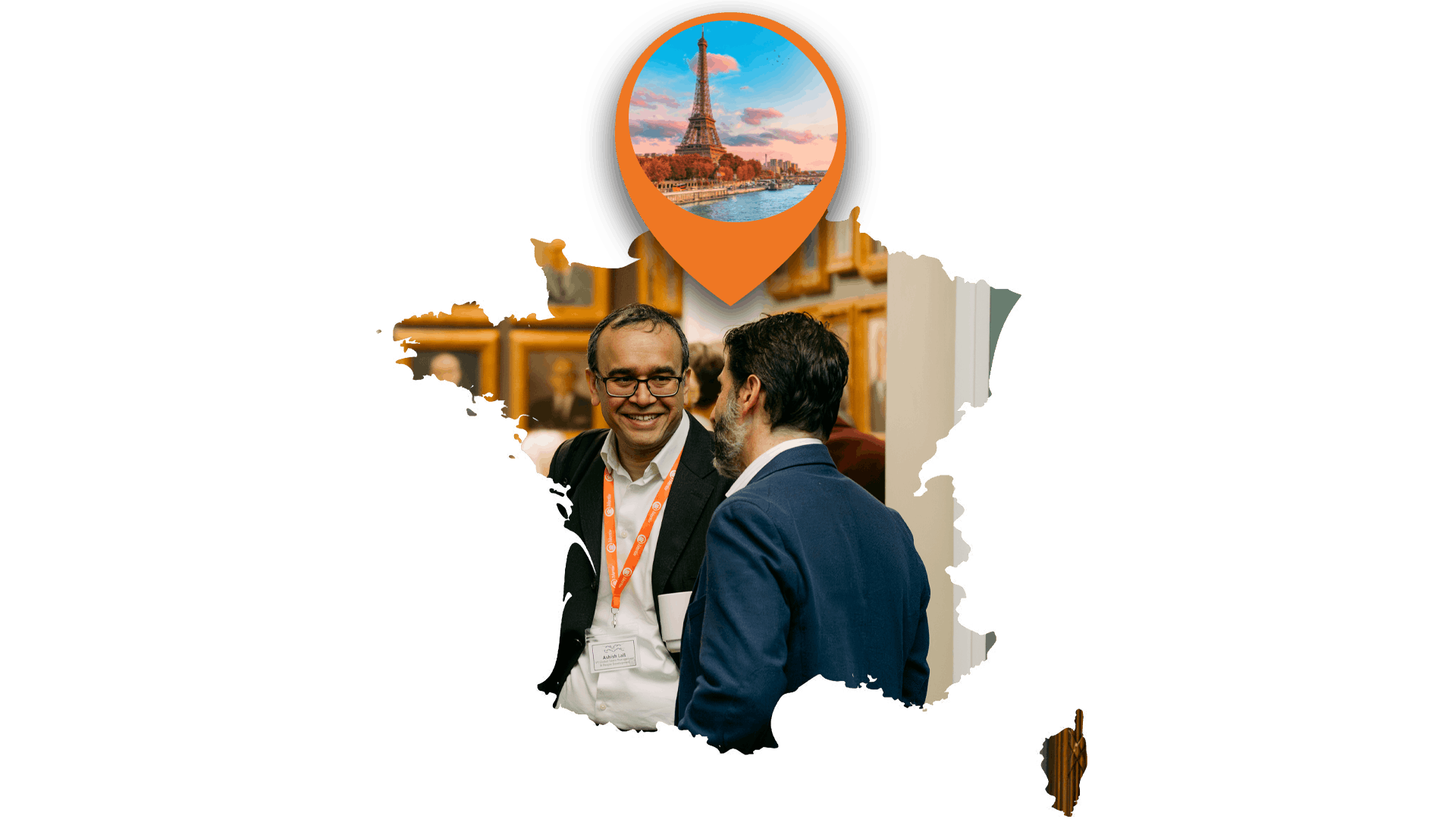 An image of France containing iVentiv delegates enjoying conversation. An orange location pin hovers over Paris