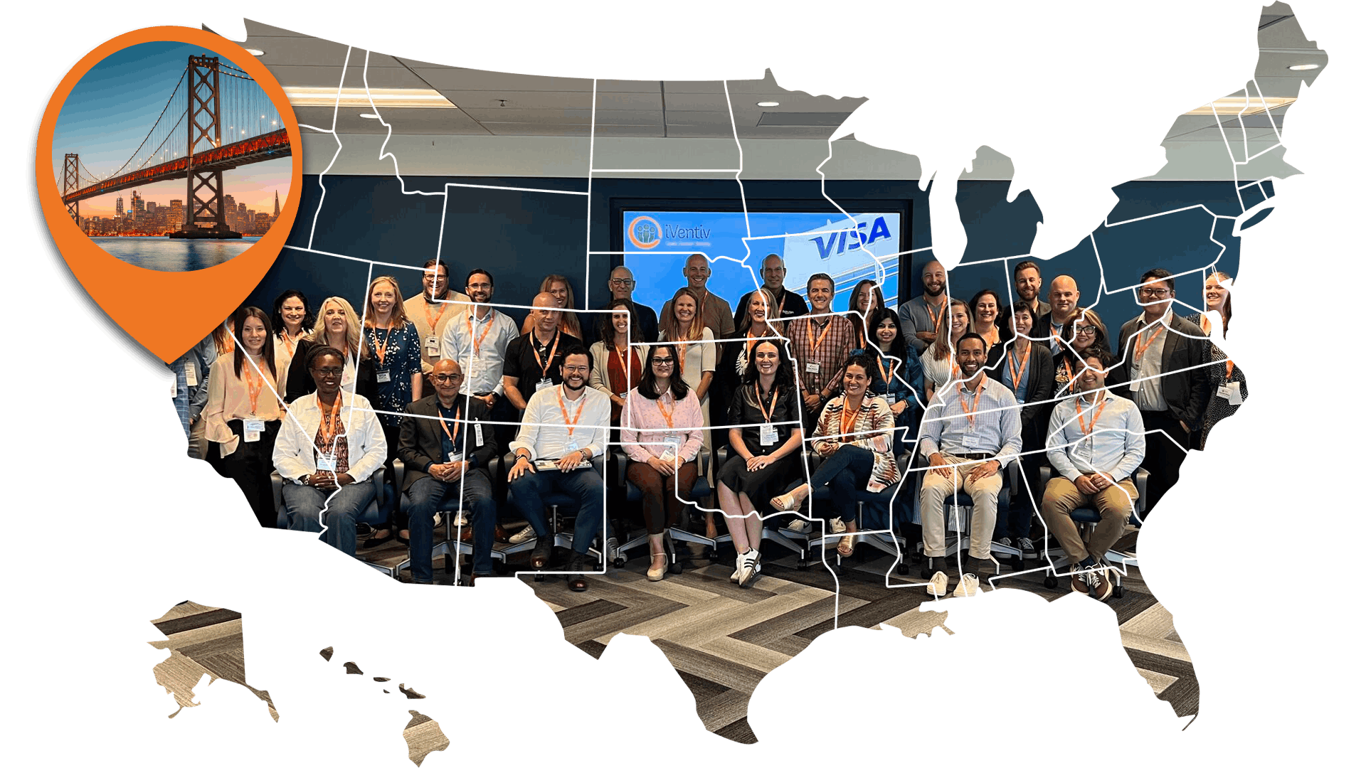 A map of the US containing a group image from iVentiv's most recent San Francisco event. An orange location pin hovers over San Francisco