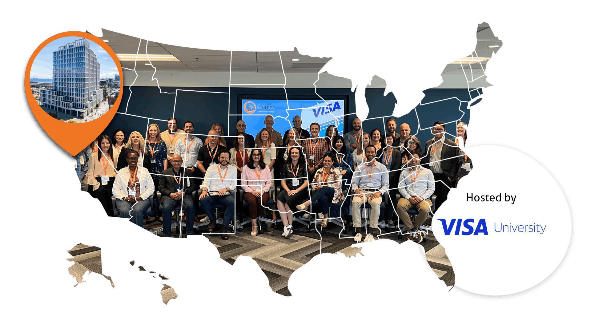 A map of the US containing a group image from iVentiv's most recent San Francisco event. An orange location pin hovers over San Francisco and contains an image of Visa's Mission Rock HQ
