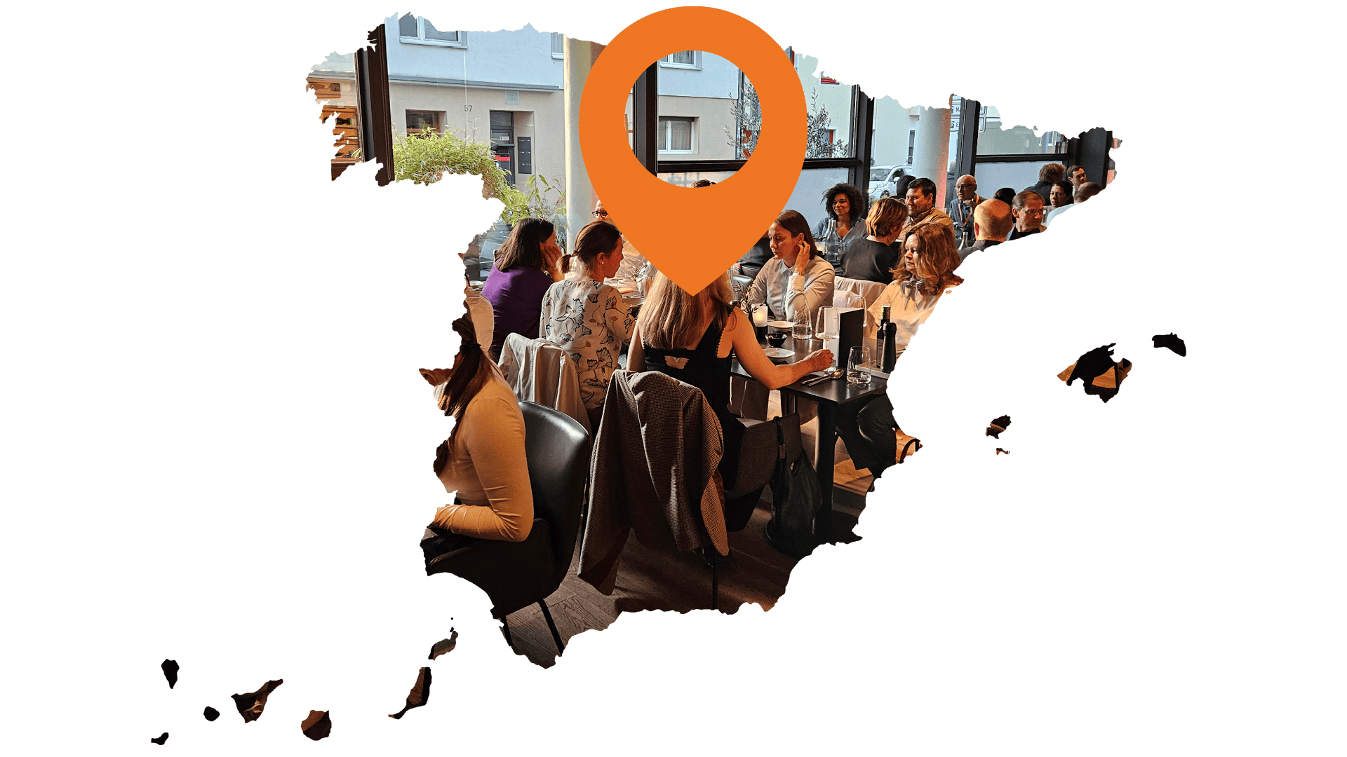 A map of Spain containing images of delegates at dinner