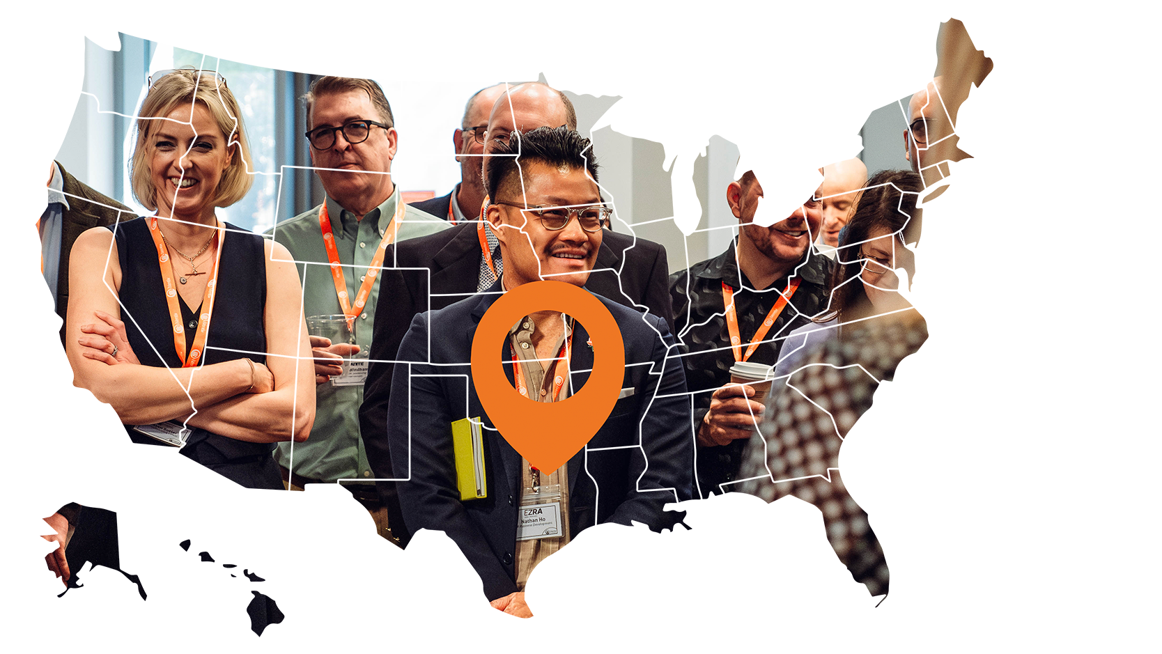 iVentv event participants in Texas smiling, framed by a map of the US, with an orange pin pointing to Texas