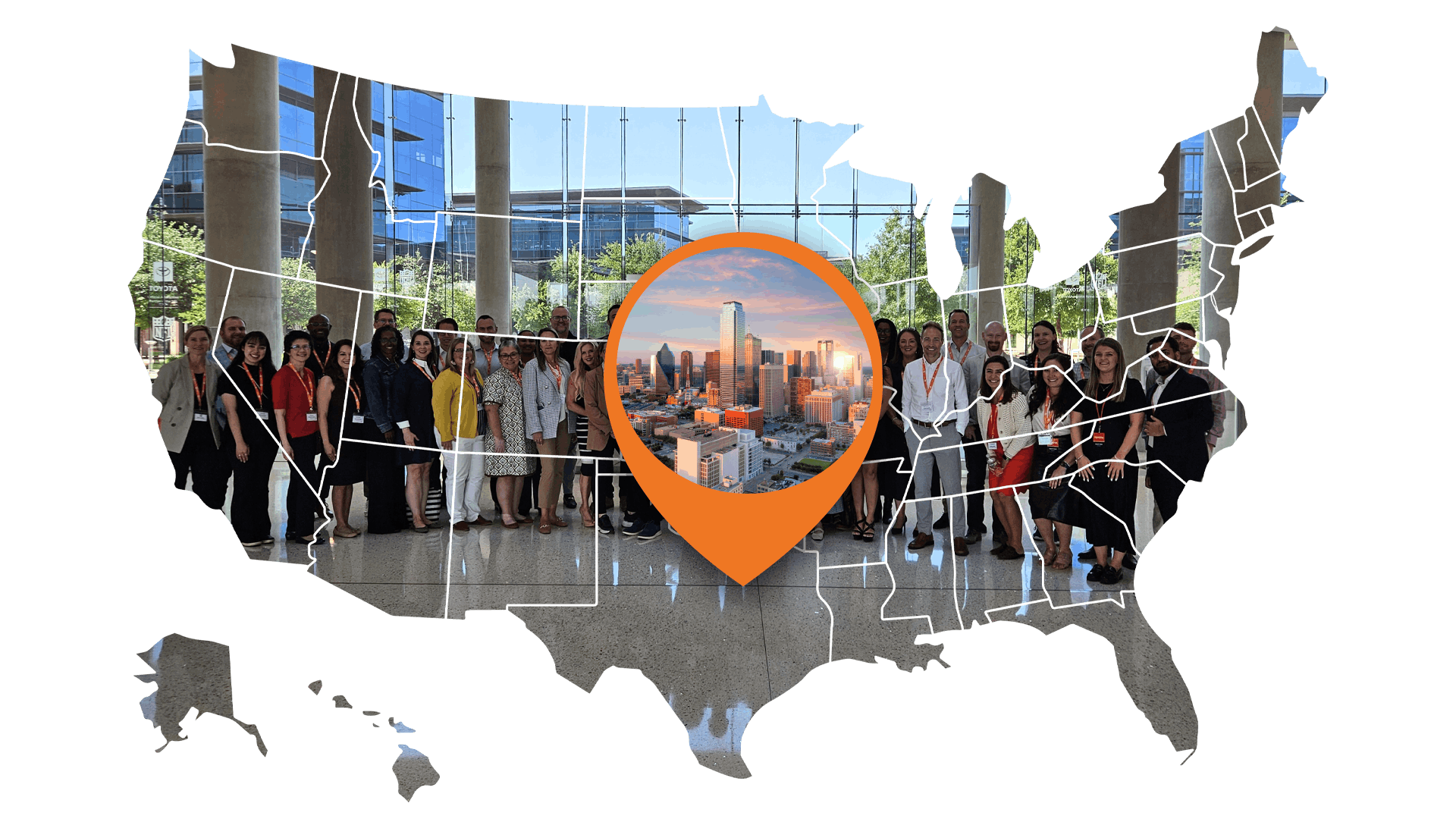 A map of the US containing a group picture from iVentiv's recent event at the Toyota HQ. An orange location map hovers over Dallas.