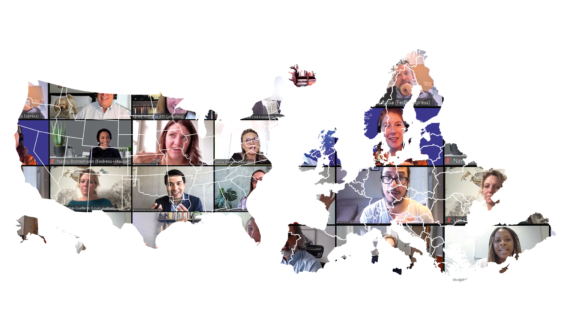 A screenshot of an iVentiv virtual event with participants smiling and interacting, framed by maps of Europe and the USA