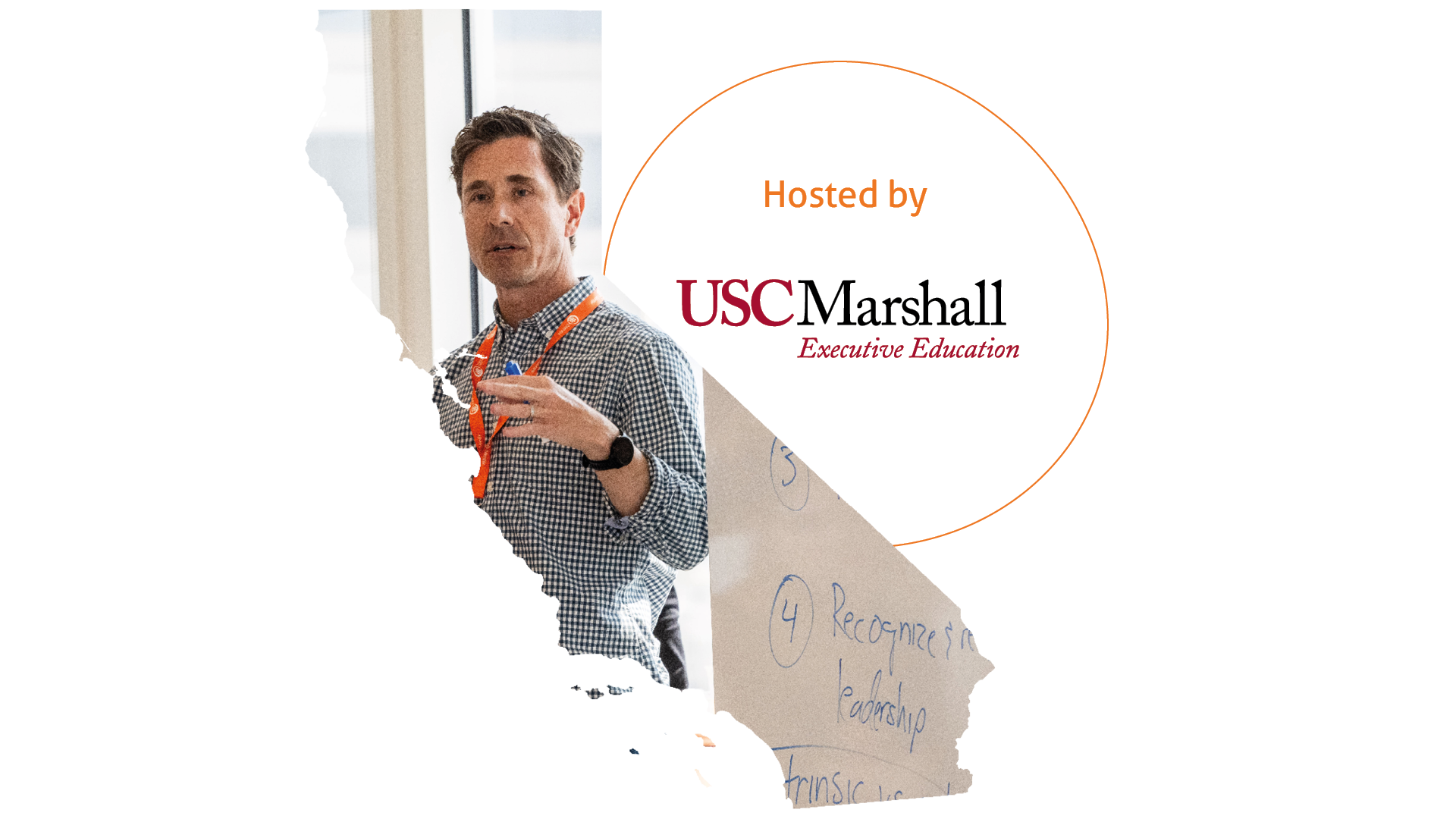 A map of California state containing the image of an event delegate leading a discussion. The USC Marshall Host logo also features