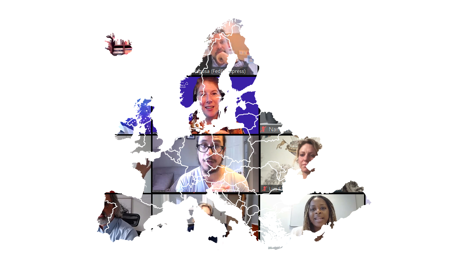 A screenshot of an iVentiv virtual event with participants smiling and interacting, framed by a map of Europe