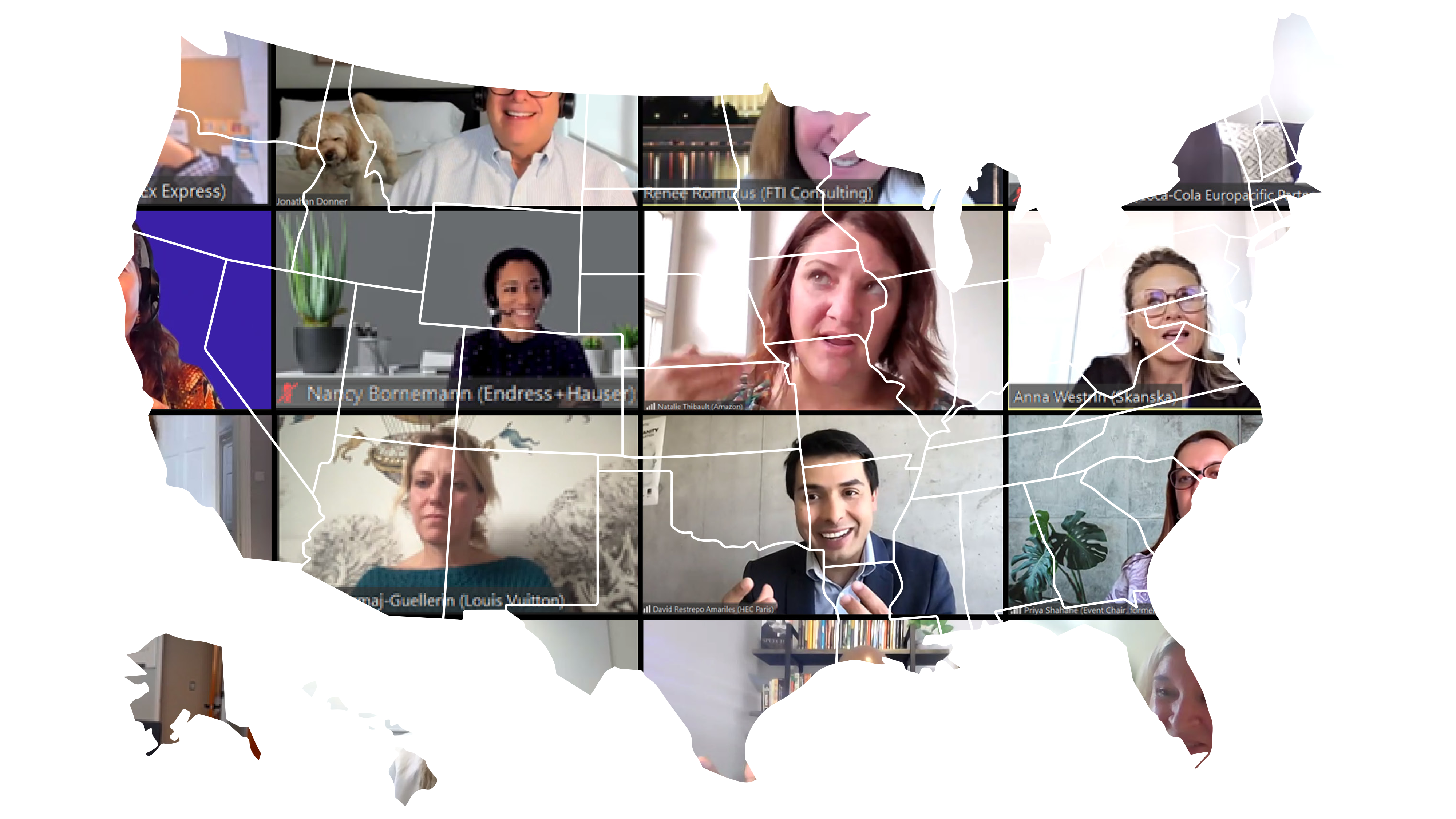 A screenshot of an iVentiv virtual event with participants smiling and interacting, framed by a map of the USA